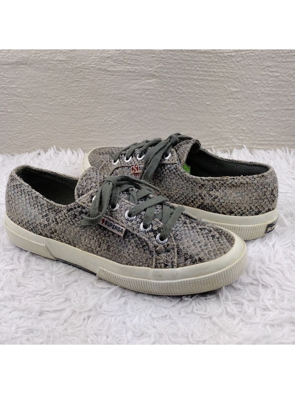 Superga Olive Gray Snakeskin Pattern Fabric Round Toe Lace Up Low Top Sneaker